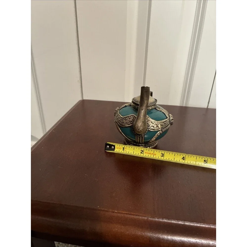 Vintage Moroccan Miniature Teapot Teal Ceramic Silver Metal Filigree Decorative